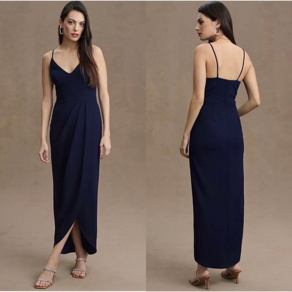 BHLDN Lyra V-neck Faux Wrap Stretch Crepe Midi Dress Navy Blue Size 8